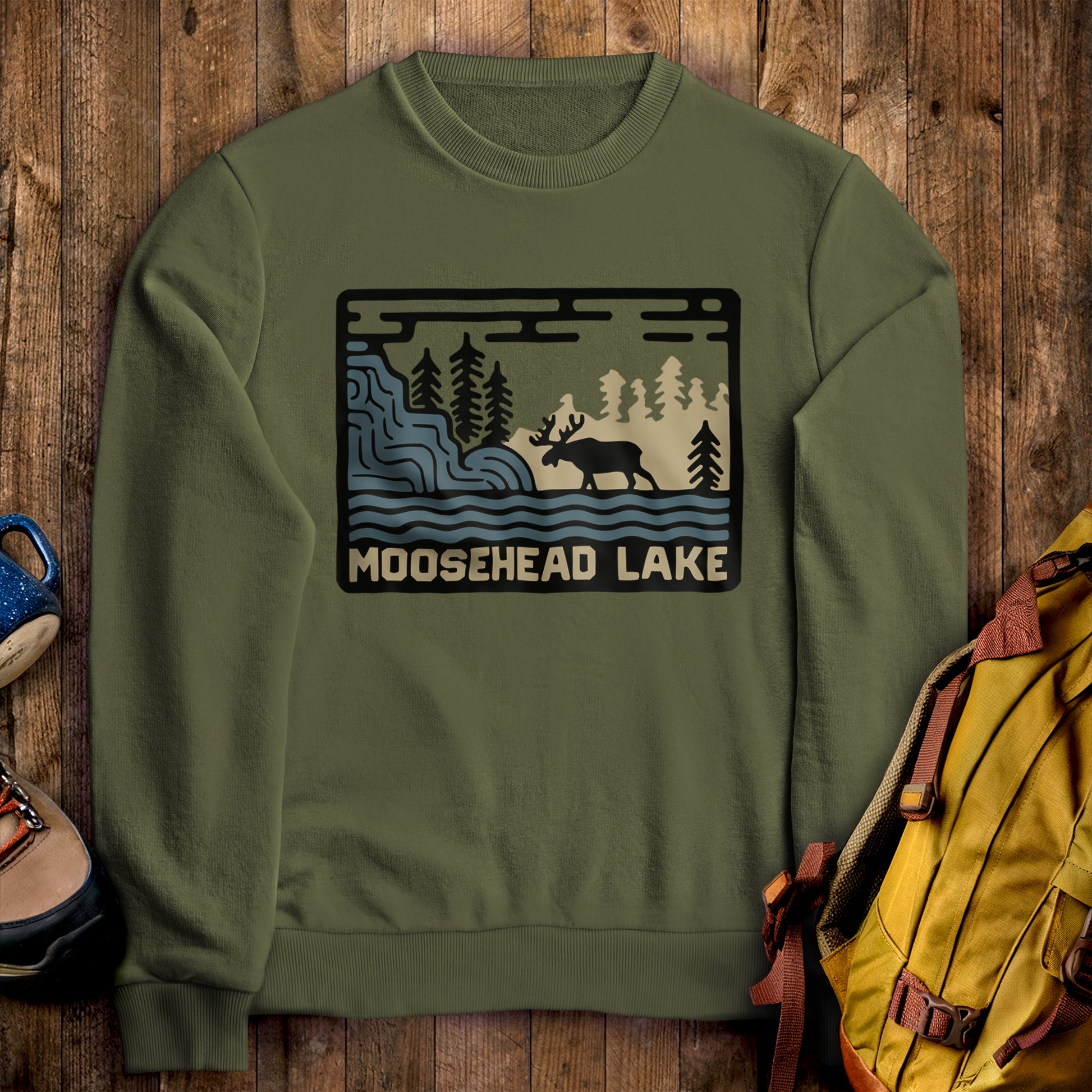 Moosehead Lake Crewneck Sweatshirt Military Green Adventure and Outdoors Themed Sweatshirt
