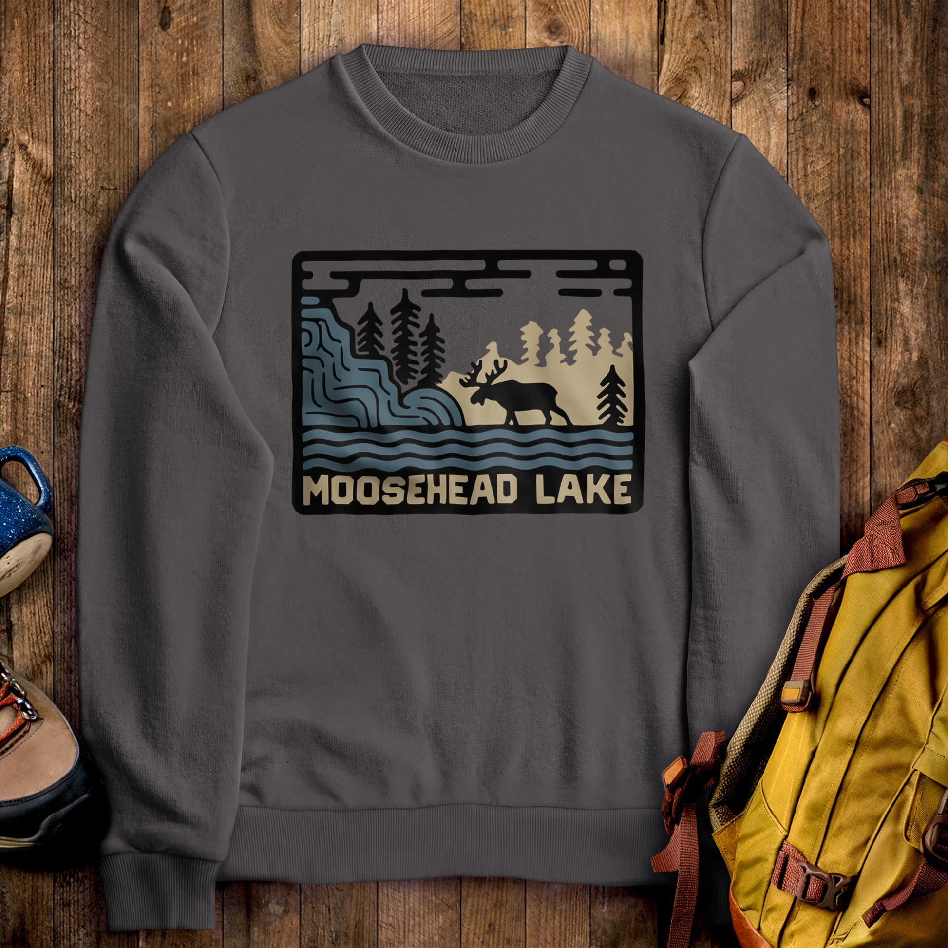 Moosehead Lake Crewneck Sweatshirt Charcoal Adventure and Outdoors Themed Sweatshirt