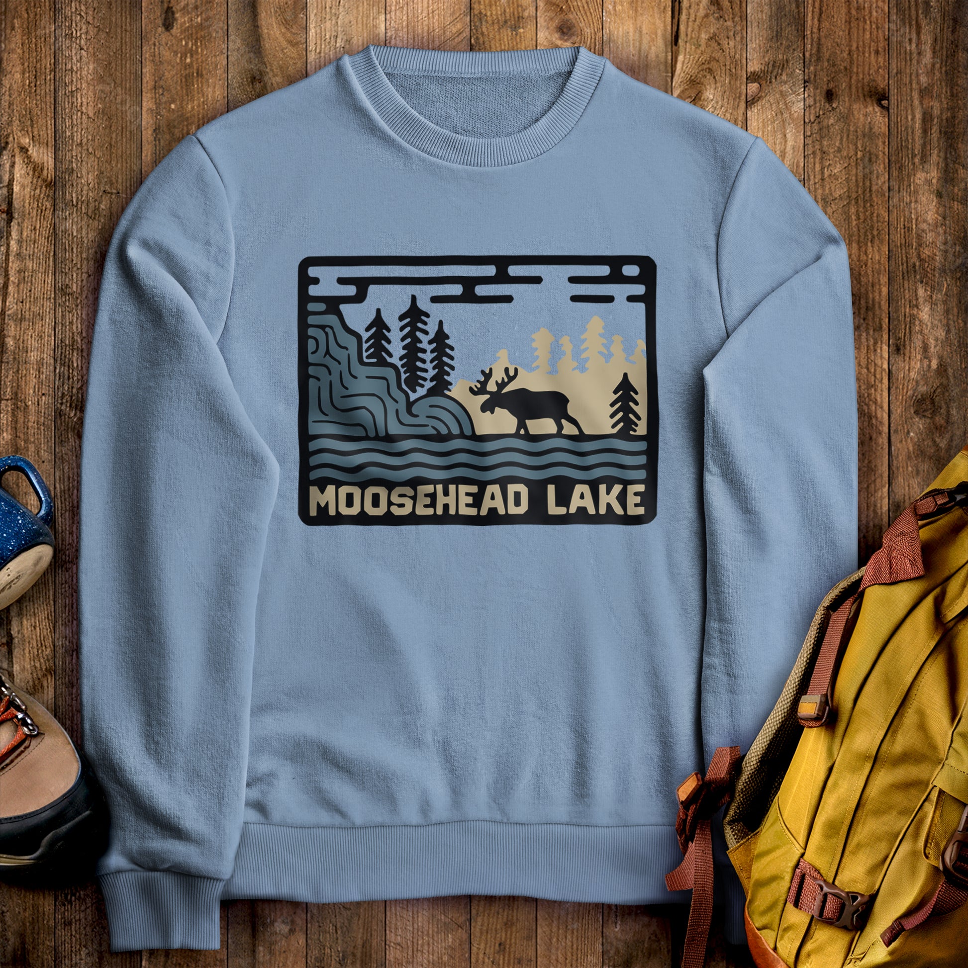 Moosehead Lake Crewneck Sweatshirt Stone Blue Adventure and Outdoors Themed Sweatshirt