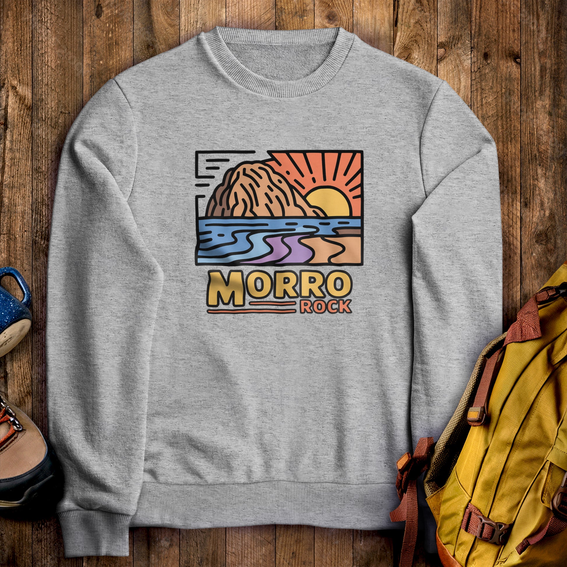 Morro Rock Crewneck Sweatshirt Sport Grey Adventure and Outdoors Themed Sweatshirt