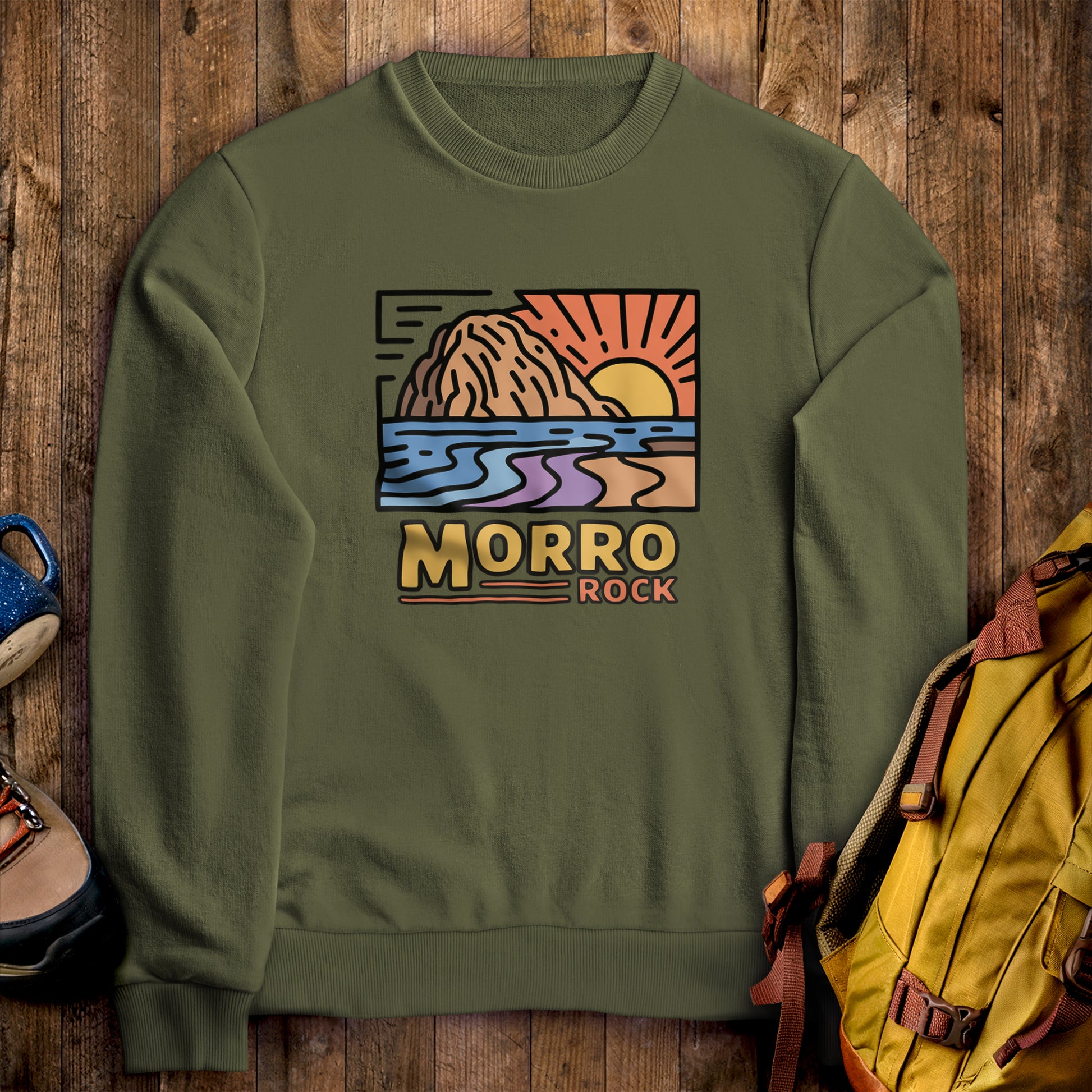Morro Rock Crewneck Sweatshirt Military Green Adventure and Outdoors Themed Sweatshirt