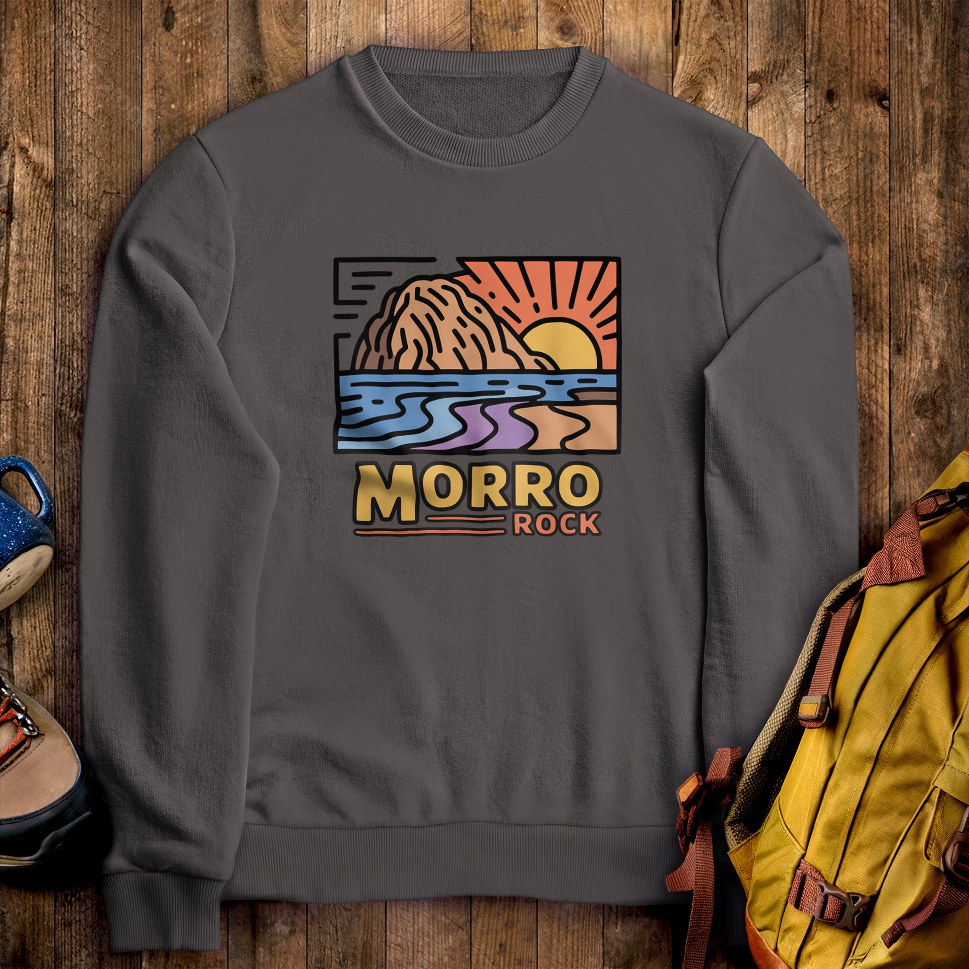 Morro Rock Crewneck Sweatshirt Charcoal Adventure and Outdoors Themed Sweatshirt