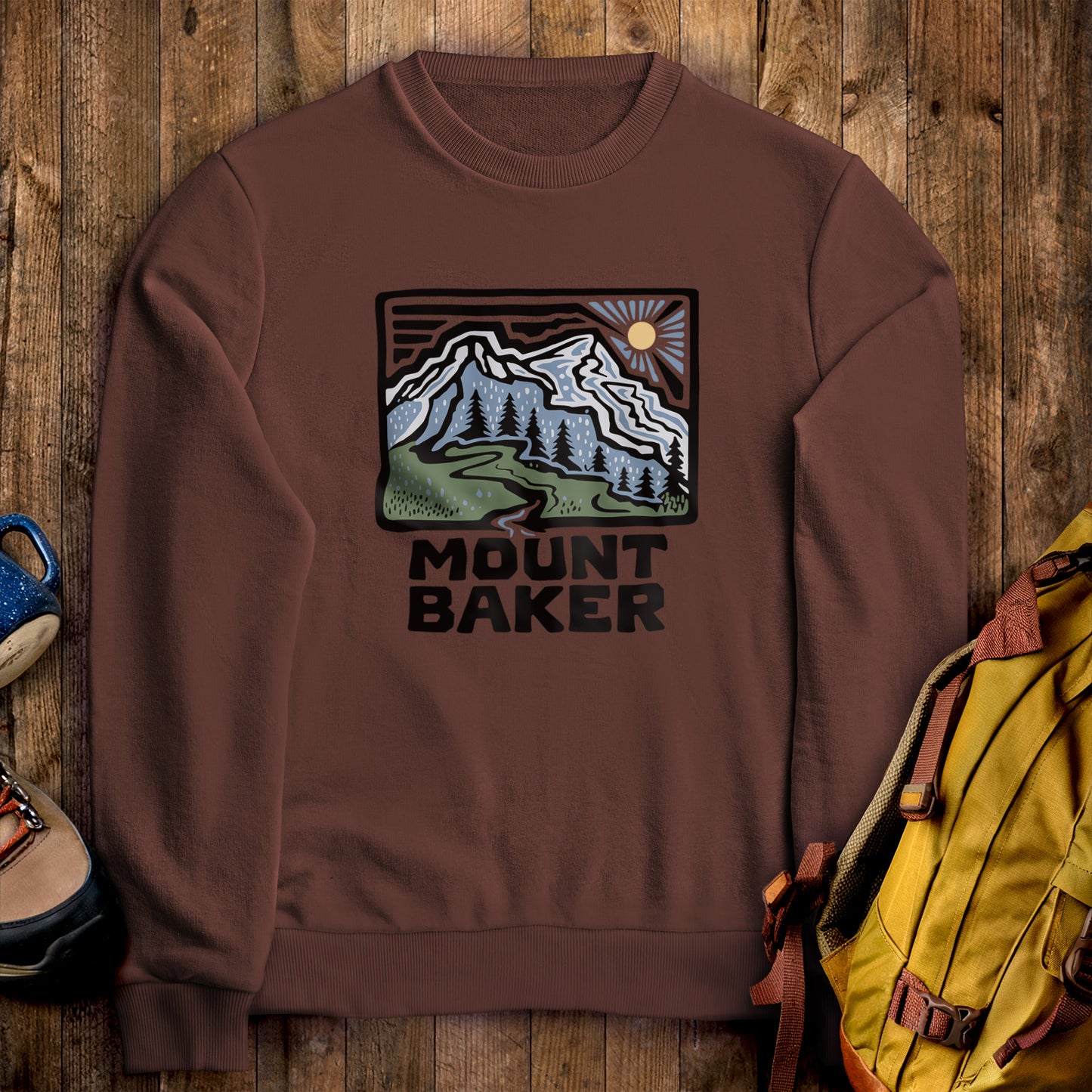 Mount Baker Crewneck Sweatshirt Cocoa Adventure and Outdoors Themed Sweatshirt
