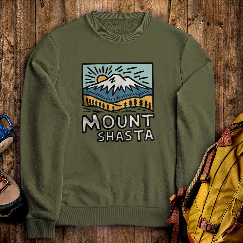 Mount Shasta Crewneck Sweatshirt Military Green Adventure and Outdoors Themed Sweatshirt