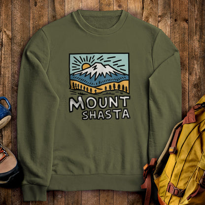 Mount Shasta Crewneck Sweatshirt Military Green Adventure and Outdoors Themed Sweatshirt