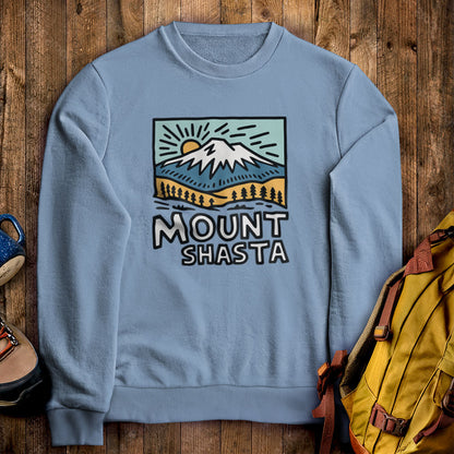 Mount Shasta Crewneck Sweatshirt Stone Blue Adventure and Outdoors Themed Sweatshirt