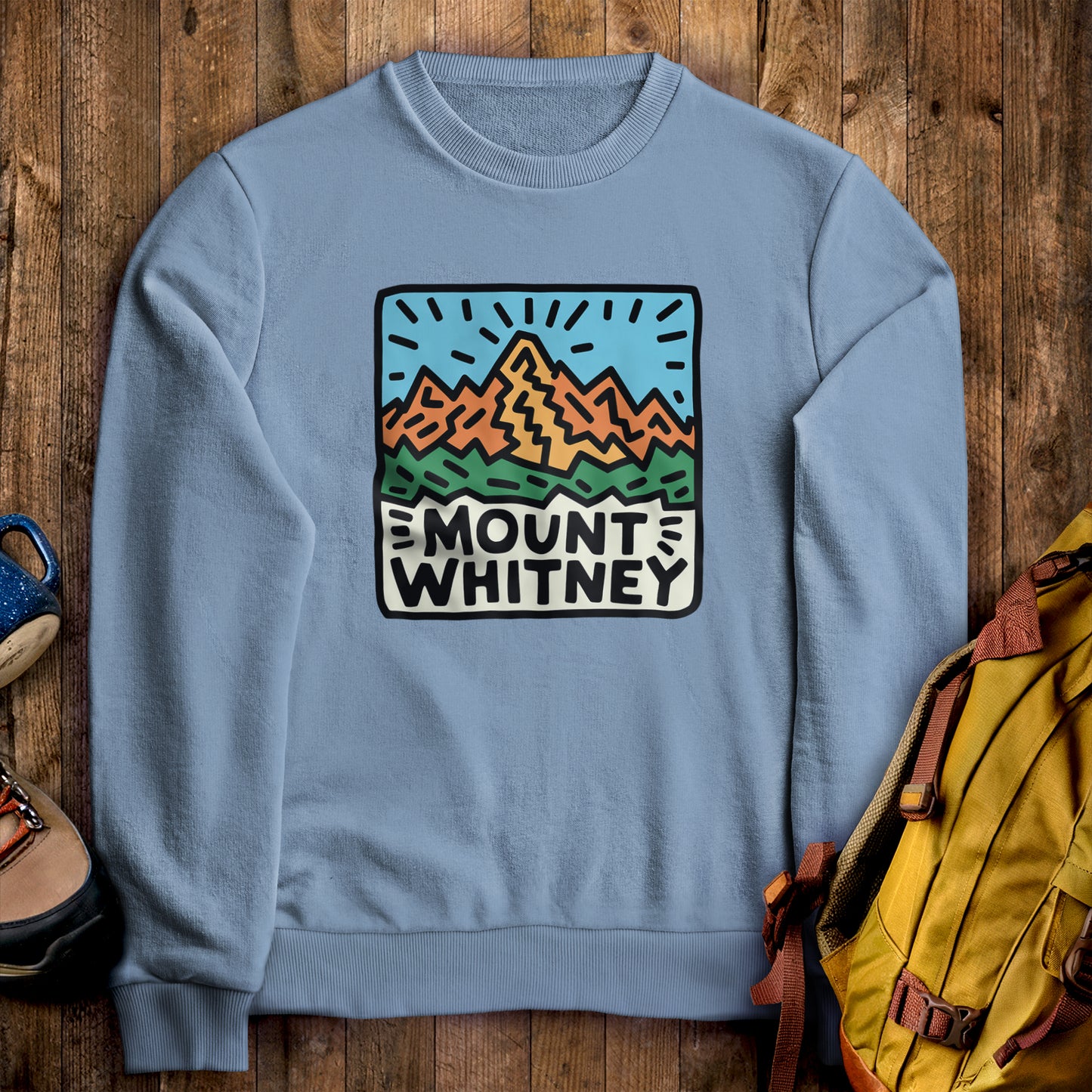 Mount Whitney Crewneck Sweatshirt Stone Blue Adventure and Outdoors Themed Sweatshirt