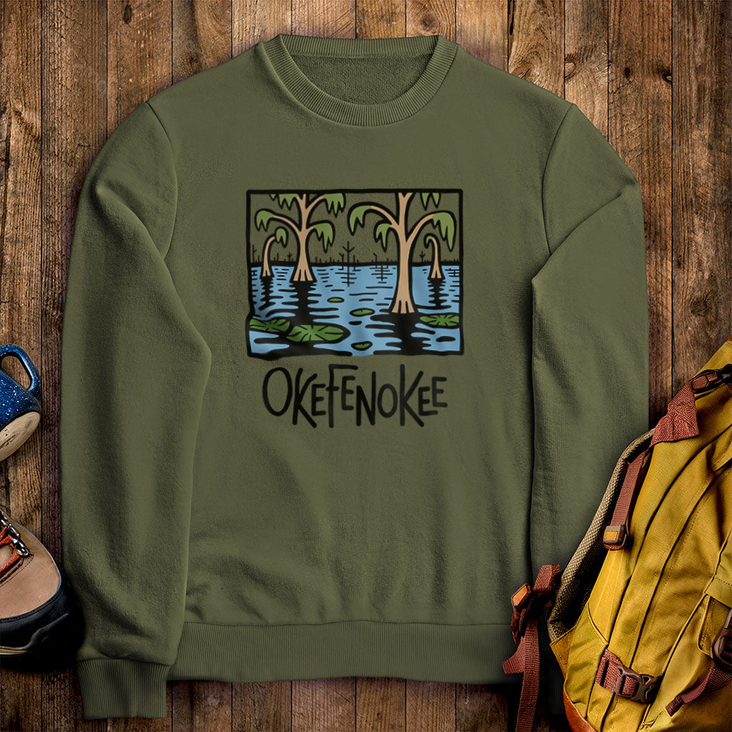Okefenokee National Wildlife Refuge Crewneck Sweatshirt Military Green Adventure and Outdoors Themed Sweatshirt