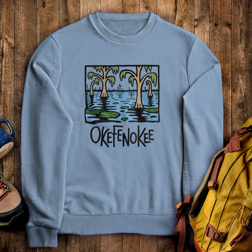 Okefenokee National Wildlife Refuge Crewneck Sweatshirt Stone Blue Adventure and Outdoors Themed Sweatshirt
