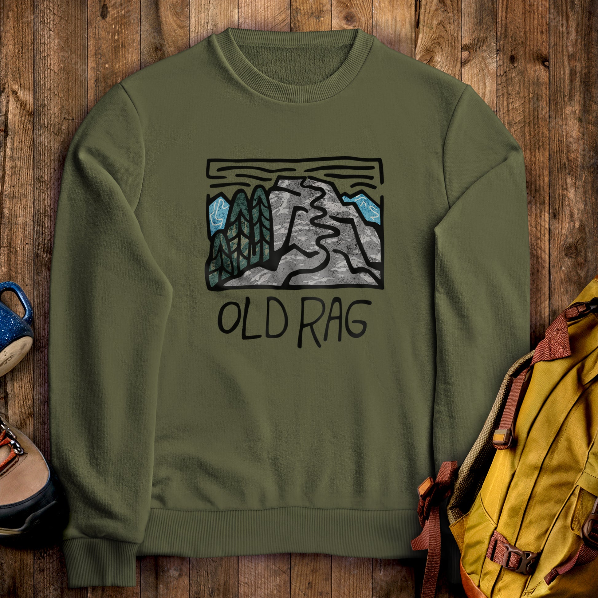 Old Rag Mountain Crewneck Sweatshirt Military Green Adventure and Outdoors Themed Sweatshirt