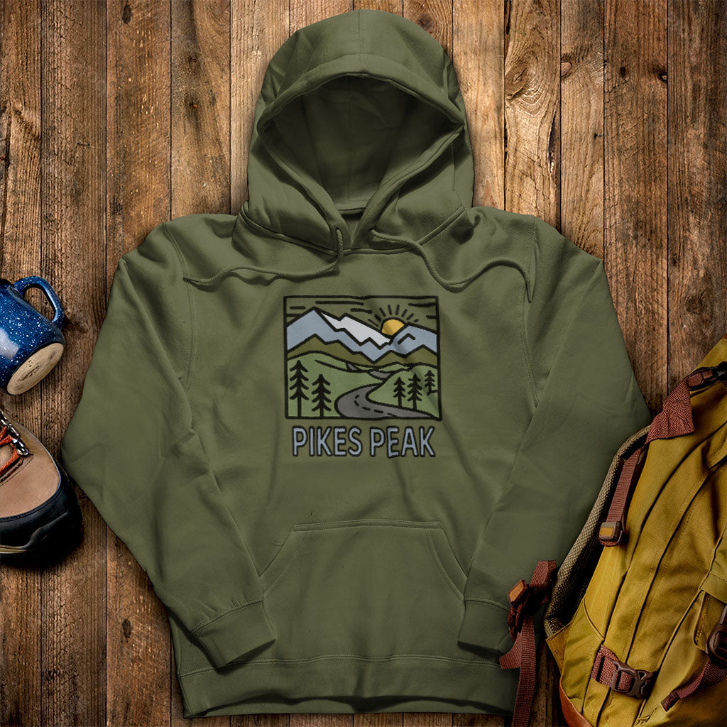 Pikes Peak Hoodie Military Green Adventure and Outdoors Themed Hoodie