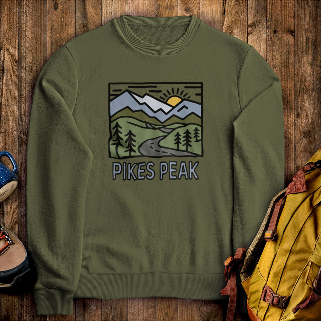 Pikes Peak Crewneck Sweatshirt Military Green Adventure and Outdoors Themed Sweatshirt