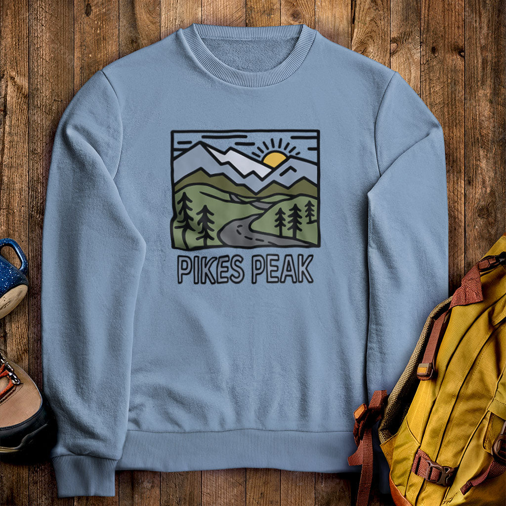 Pikes Peak Crewneck Sweatshirt Stone Blue Adventure and Outdoors Themed Sweatshirt