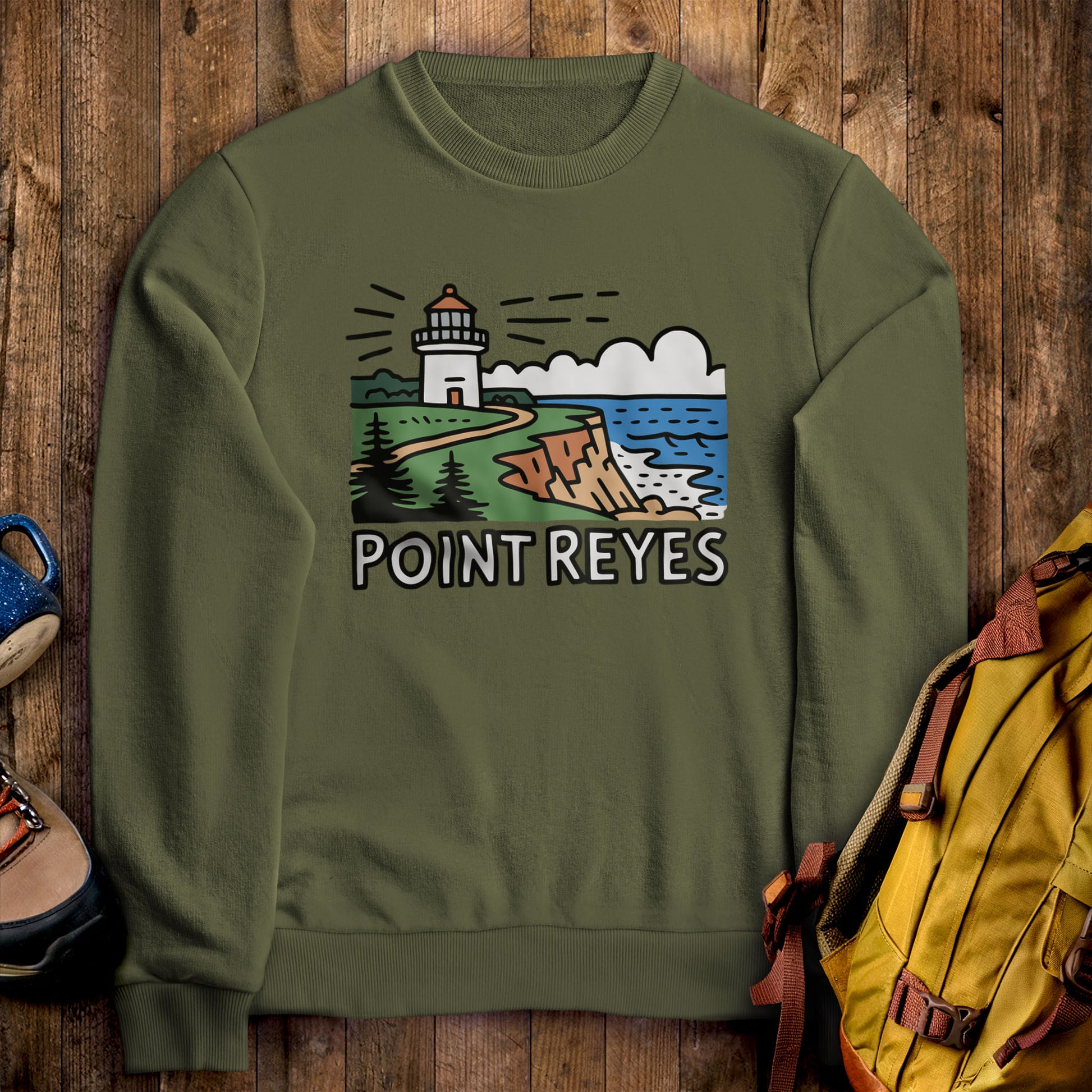 Point Reyes National Seashore Crewneck Sweatshirt Military Green Adventure and Outdoors Themed Sweatshirt