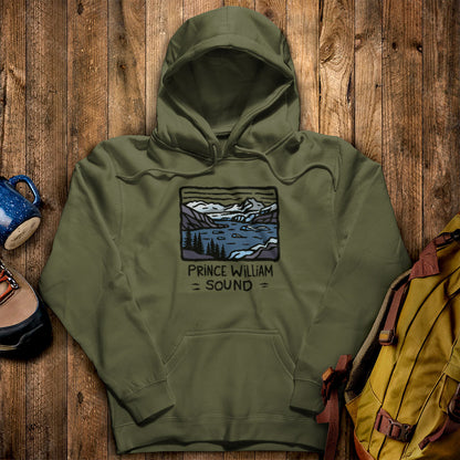 Prince William Sound Hoodie Military Green Adventure and Outdoors Themed Hoodie