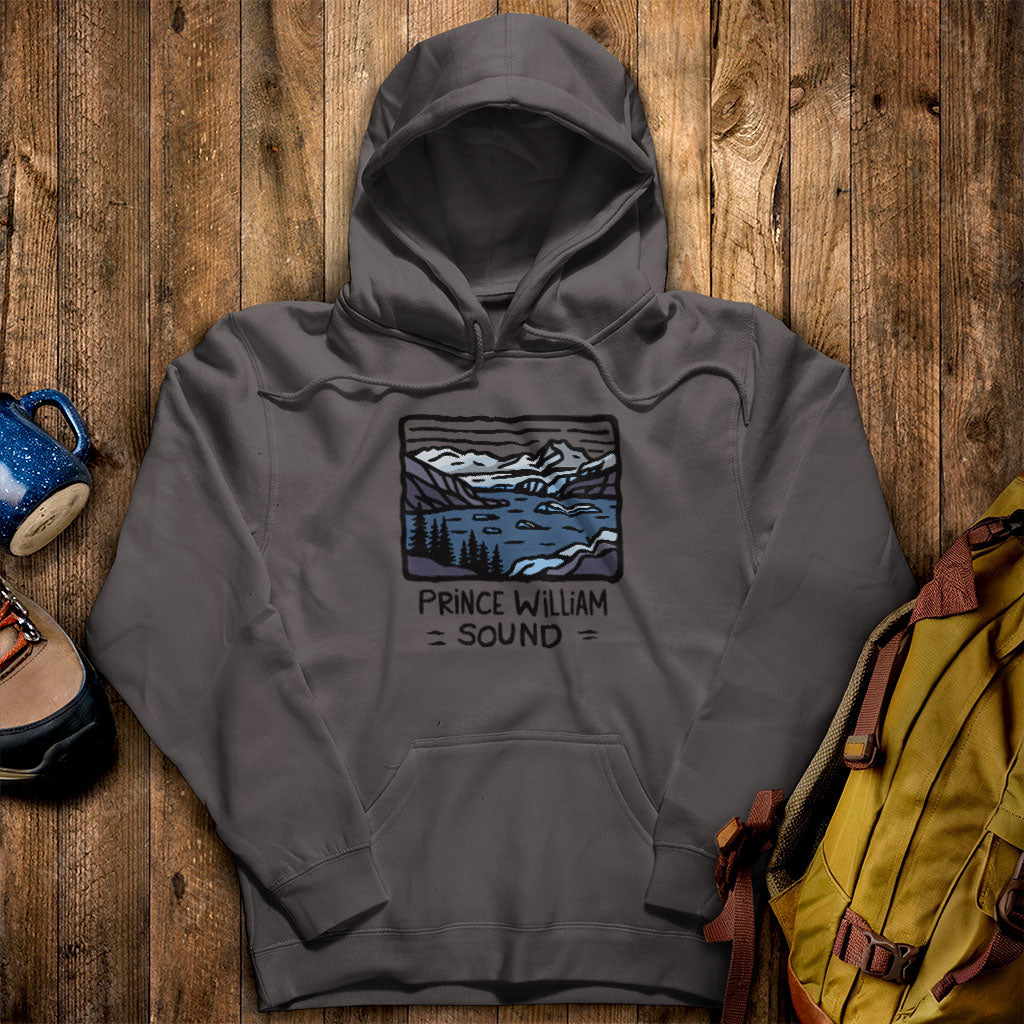 Prince William Sound Hoodie Charcoal Adventure and Outdoors Themed Hoodie
