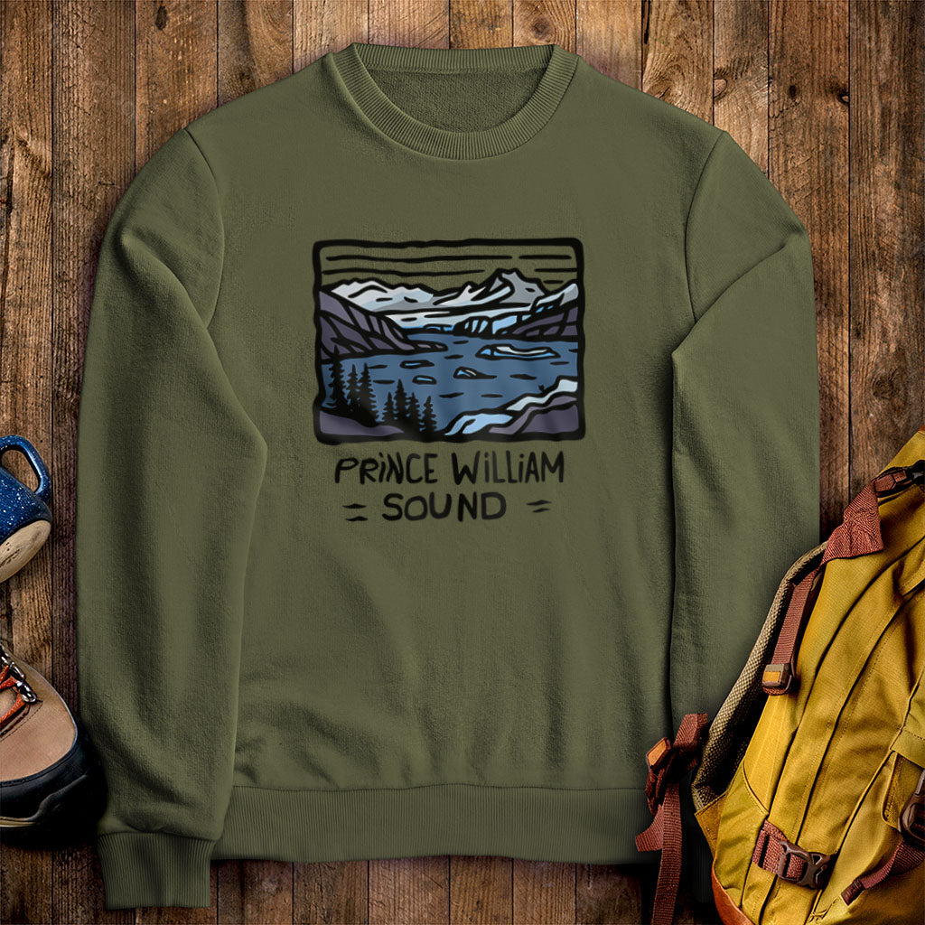 Prince William Sound Crewneck Sweatshirt Military Green Adventure and Outdoors Themed Sweatshirt