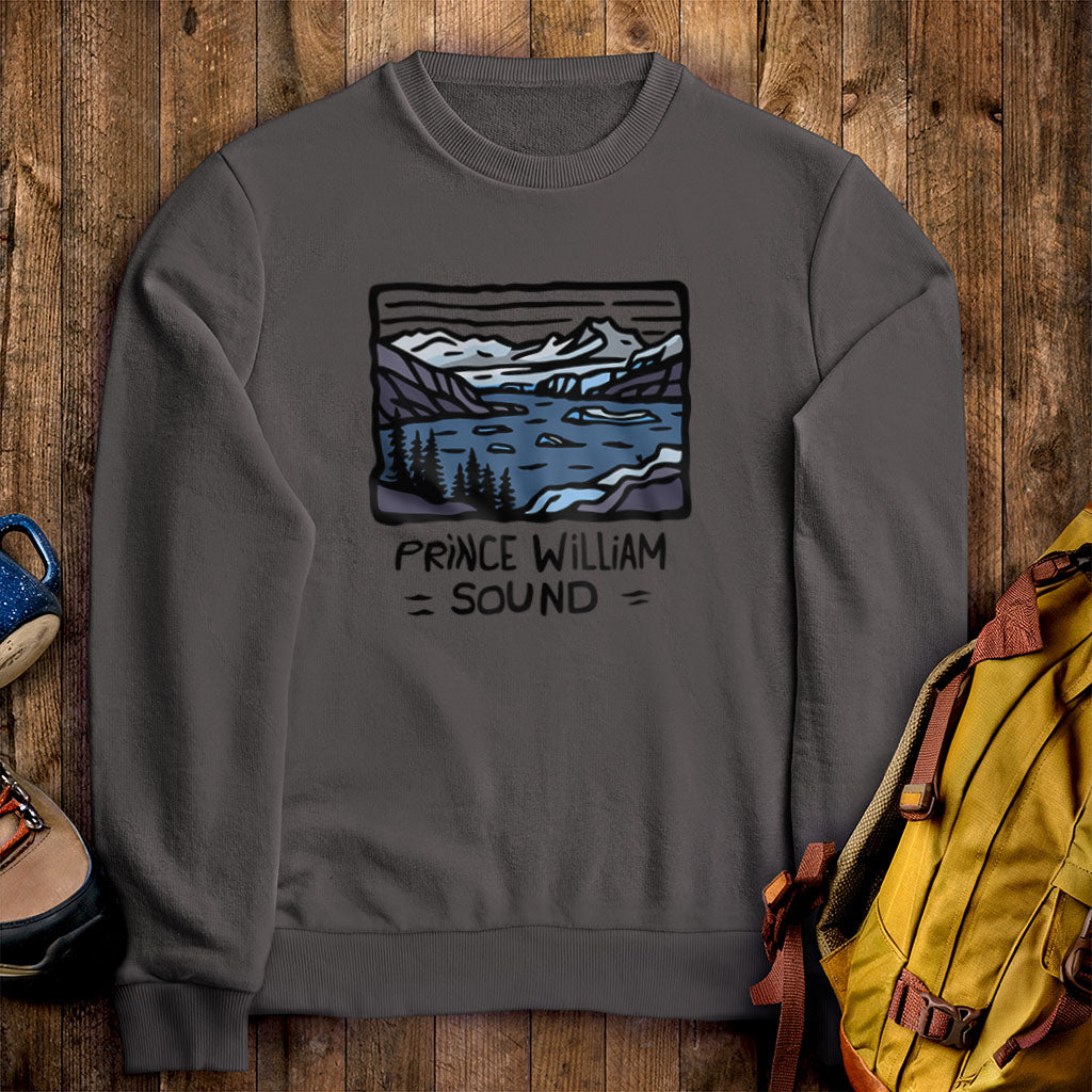 Prince William Sound Crewneck Sweatshirt Charcoal Adventure and Outdoors Themed Sweatshirt