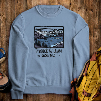 Prince William Sound Crewneck Sweatshirt Stone Blue Adventure and Outdoors Themed Sweatshirt