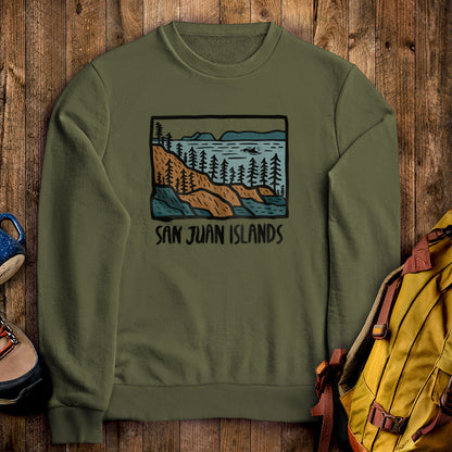 San Juan Islands Crewneck Sweatshirt Military Green Adventure and Outdoors Themed Sweatshirt
