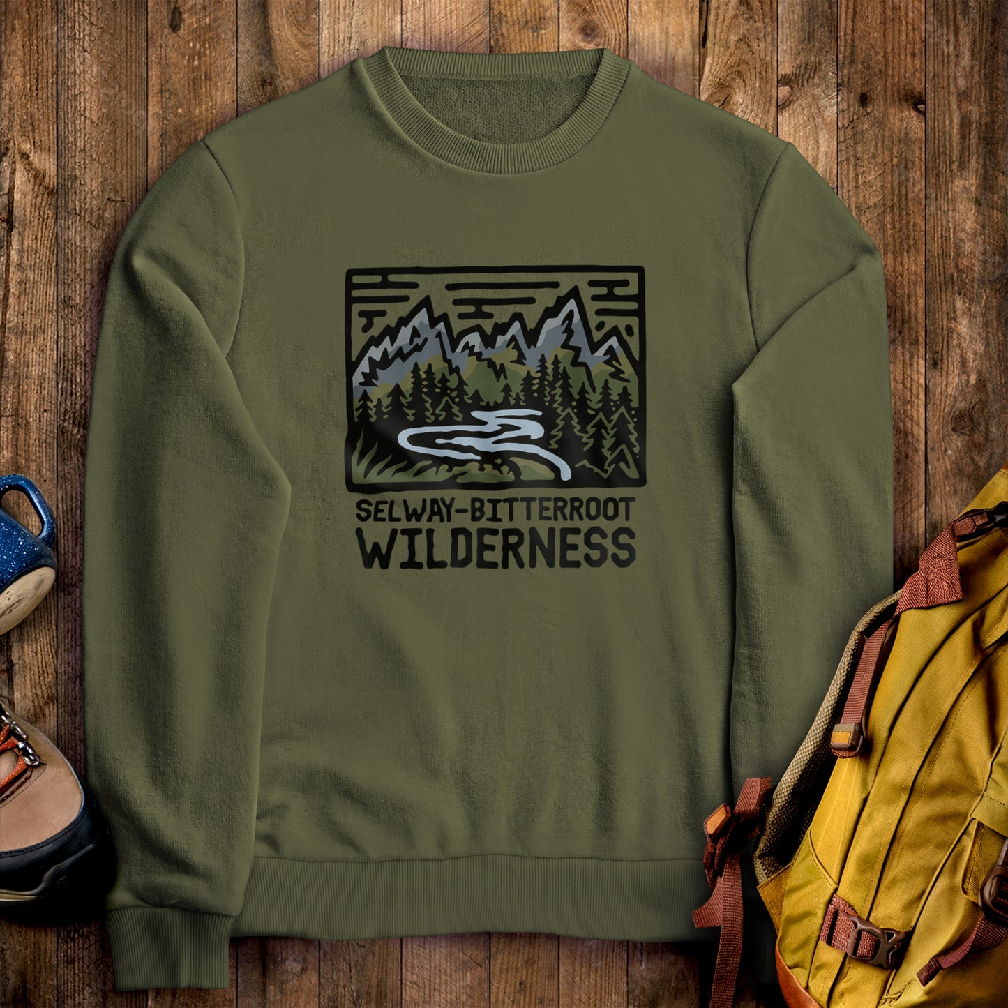 Selway-Bitterroot Wilderness Crewneck Sweatshirt Military Green Adventure and Outdoors Themed Sweatshirt