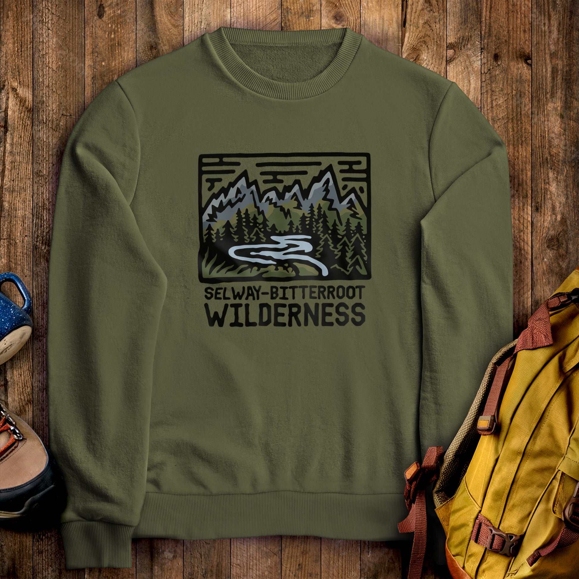 Selway-Bitterroot Wilderness Crewneck Sweatshirt Military Green Adventure and Outdoors Themed Sweatshirt