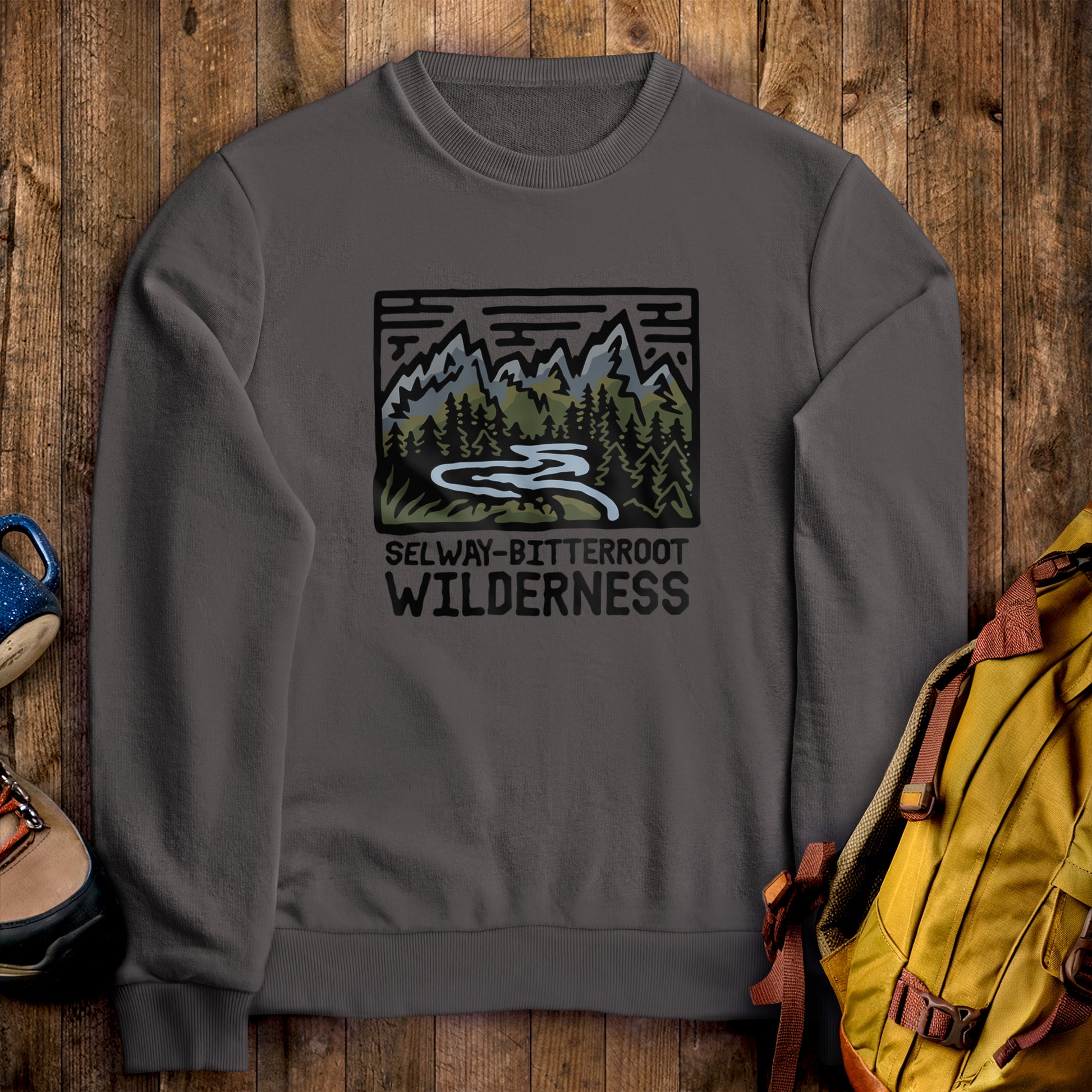 Selway-Bitterroot Wilderness Crewneck Sweatshirt Charcoal Adventure and Outdoors Themed Sweatshirt