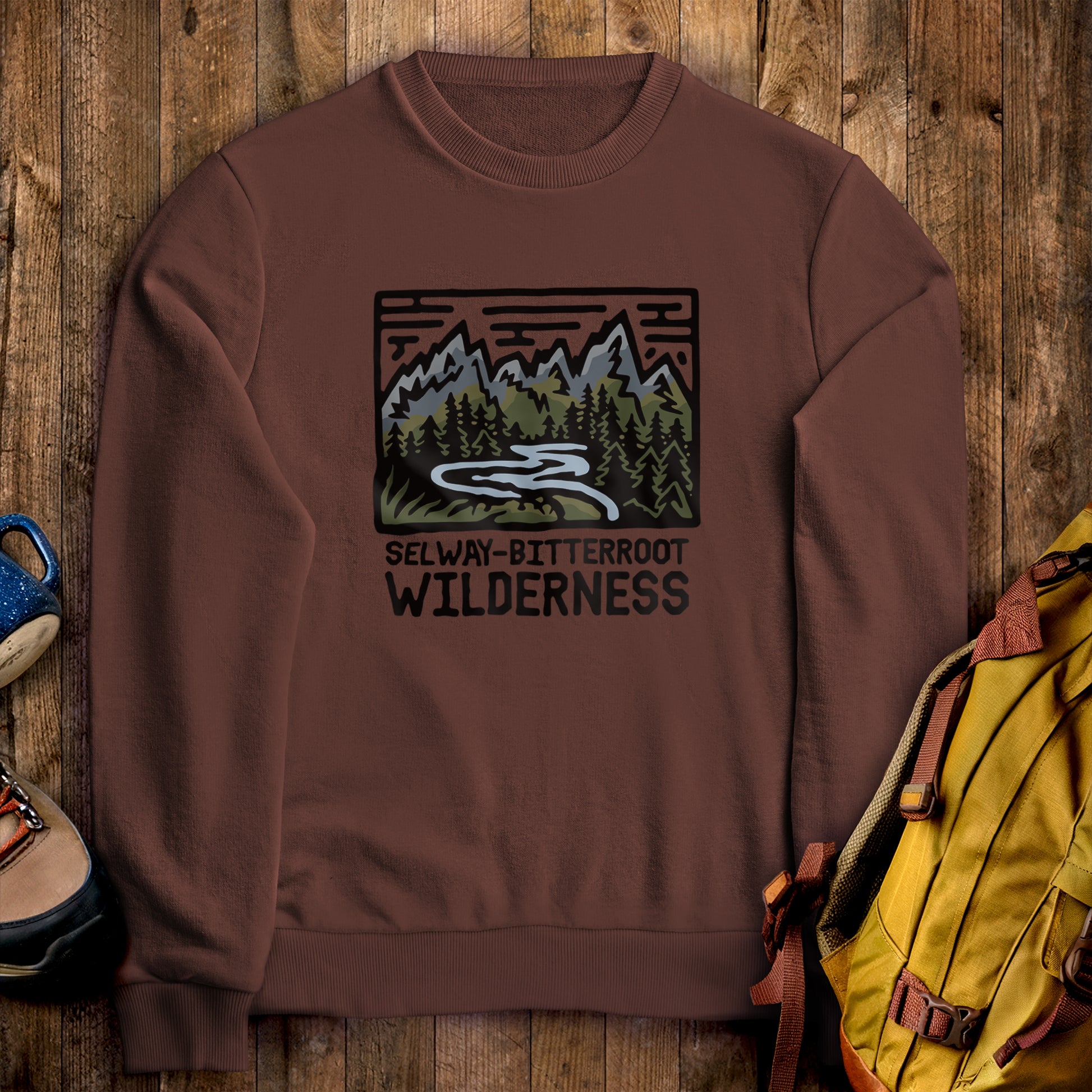 Selway-Bitterroot Wilderness Crewneck Sweatshirt Cocoa Adventure and Outdoors Themed Sweatshirt