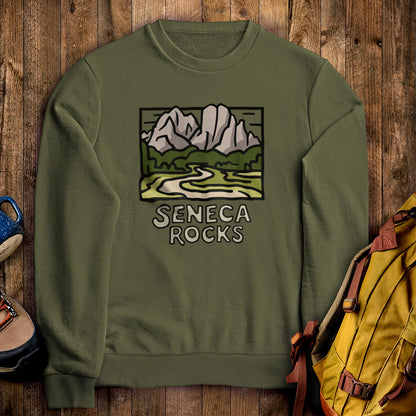 Seneca Rocks Crewneck Sweatshirt Military Green Adventure and Outdoors Themed Sweatshirt