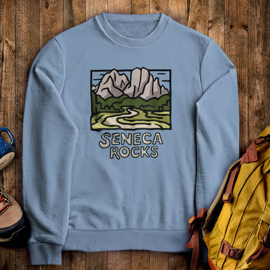 Seneca Rocks Crewneck Sweatshirt Stone Blue Adventure and Outdoors Themed Sweatshirt