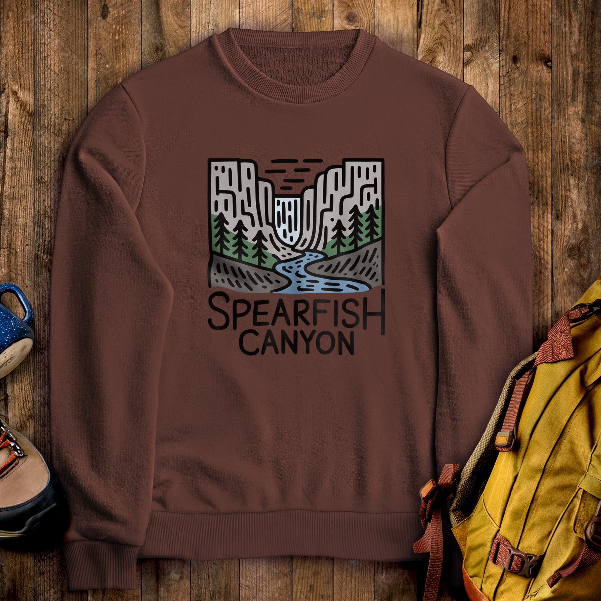 Spearfish Canyon Crewneck Sweatshirt Cocoa Adventure and Outdoors Themed Sweatshirt