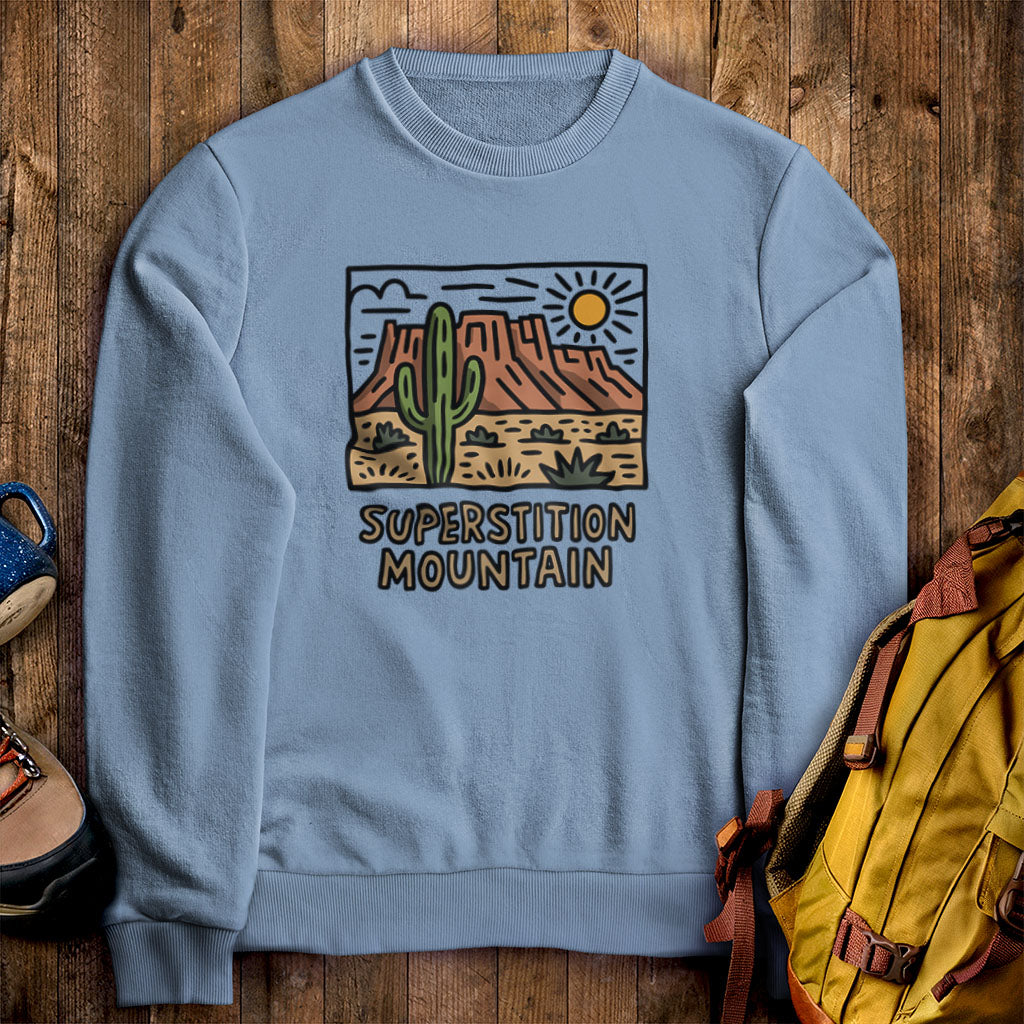 Superstition Mountain Crewneck Sweatshirt Stone Blue Adventure and Outdoors Themed Sweatshirt