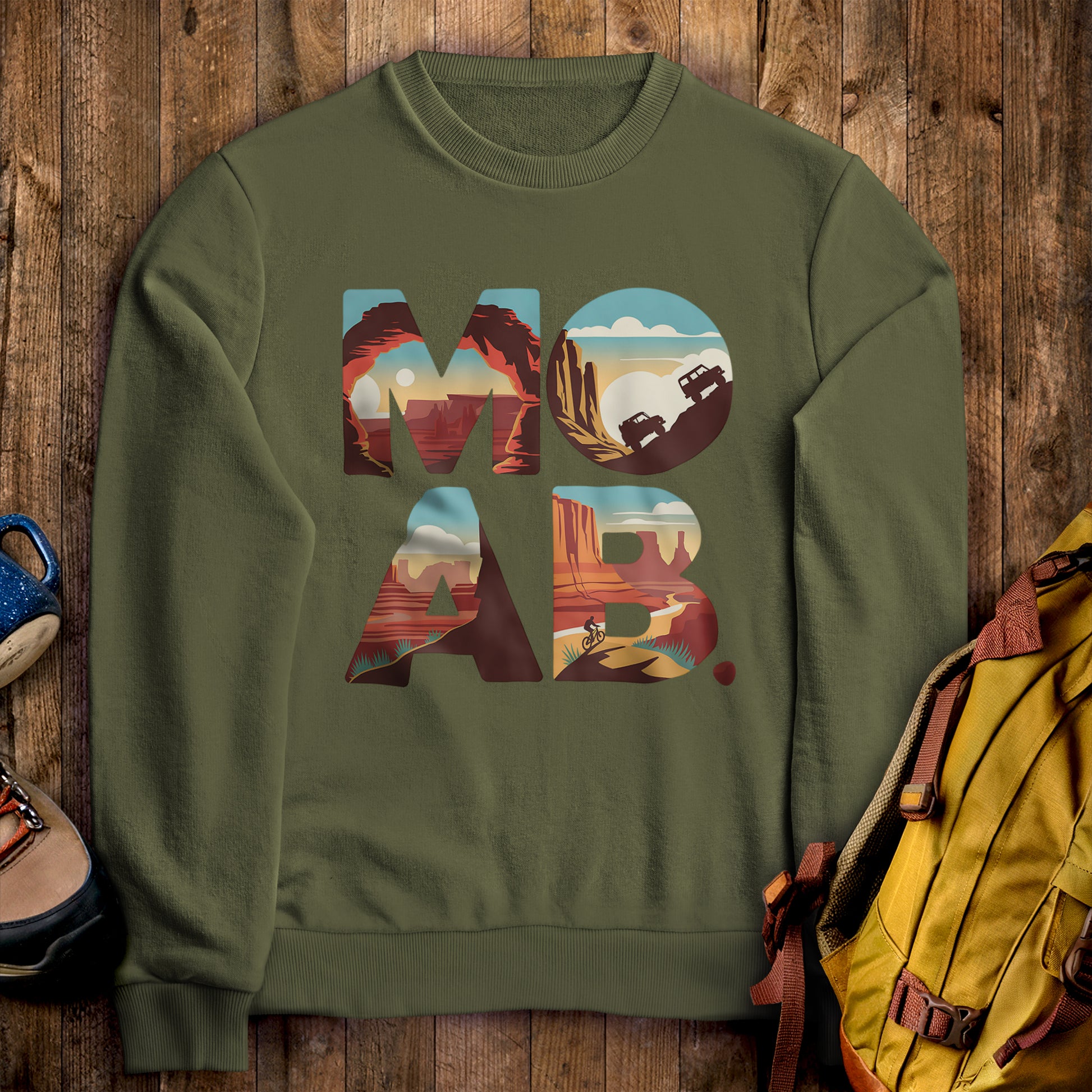 Moab Utah Crewneck Sweatshirt Military Green Adventure and Outdoors Themed Sweatshirt