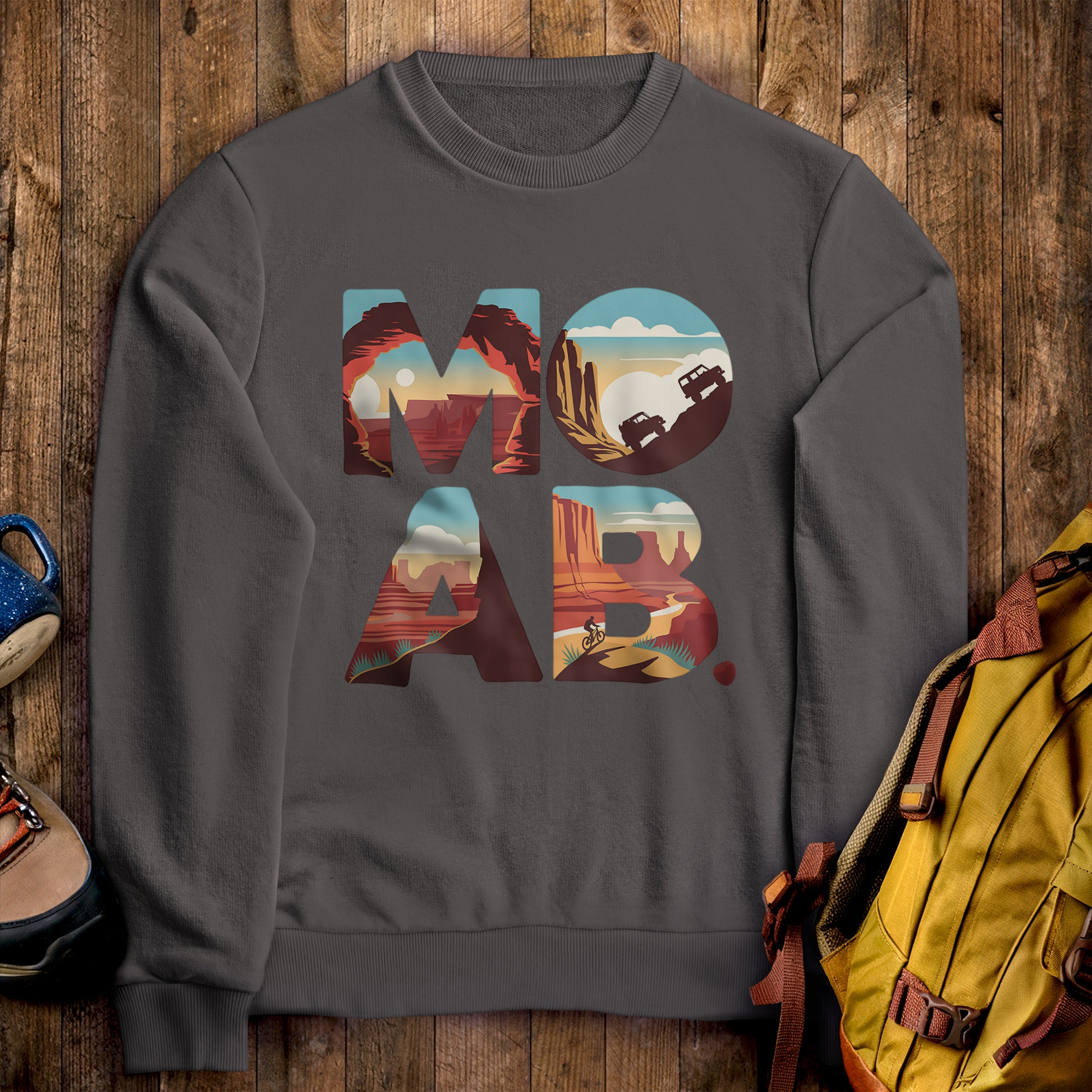 Moab Utah Crewneck Sweatshirt Charcoal Adventure and Outdoors Themed Sweatshirt