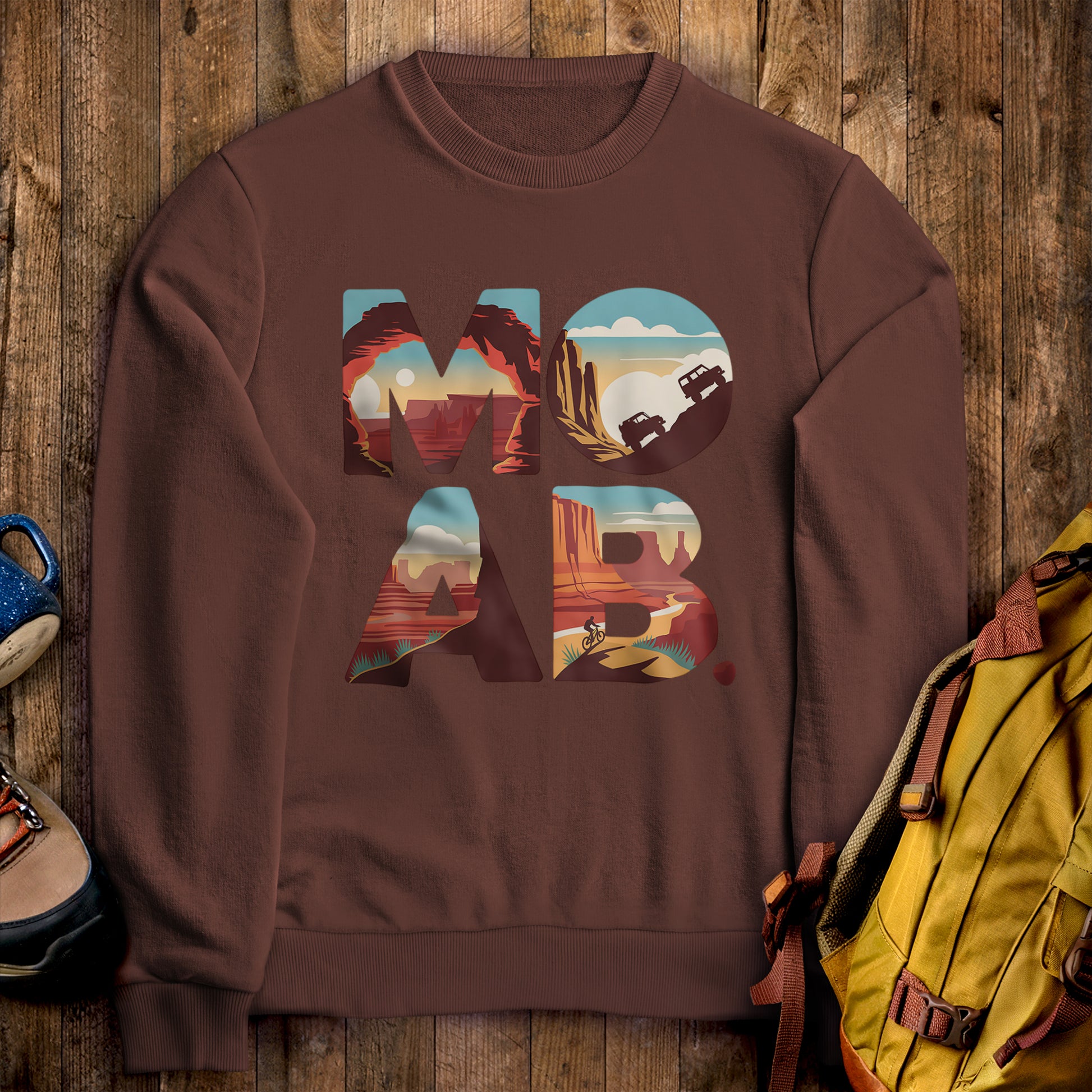 Moab Utah Crewneck Sweatshirt Cocoa Adventure and Outdoors Themed Sweatshirt