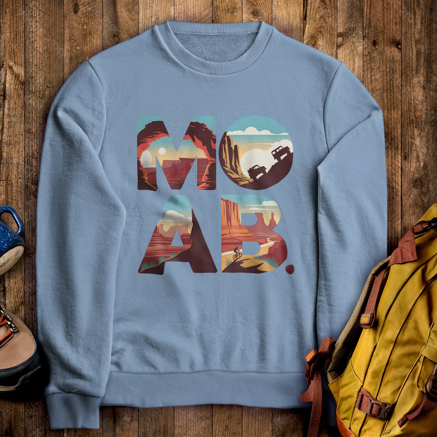 Moab Utah Crewneck Sweatshirt Stone Blue Adventure and Outdoors Themed Sweatshirt