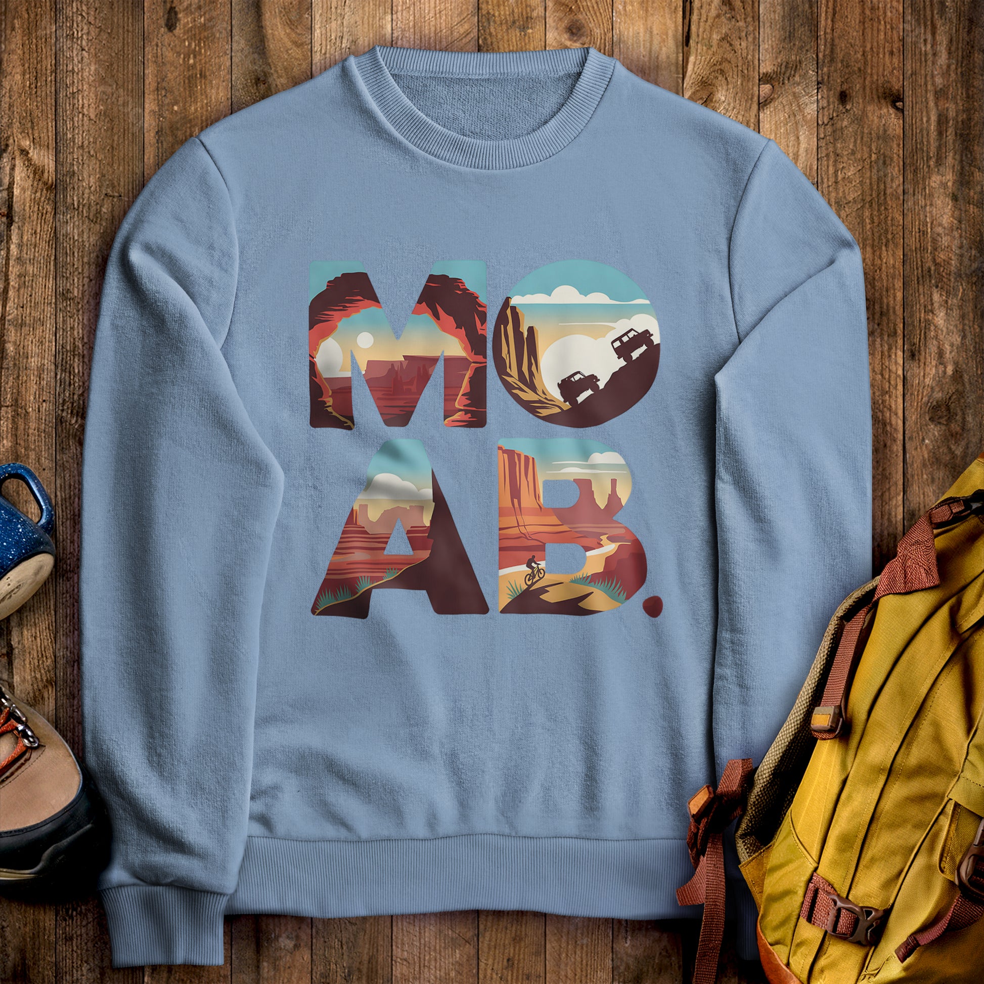 Moab Utah Crewneck Sweatshirt Stone Blue Adventure and Outdoors Themed Sweatshirt