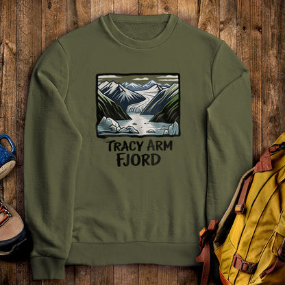 Tracy Arm Fjord Crewneck Sweatshirt Military Green Adventure and Outdoors Themed Sweatshirt