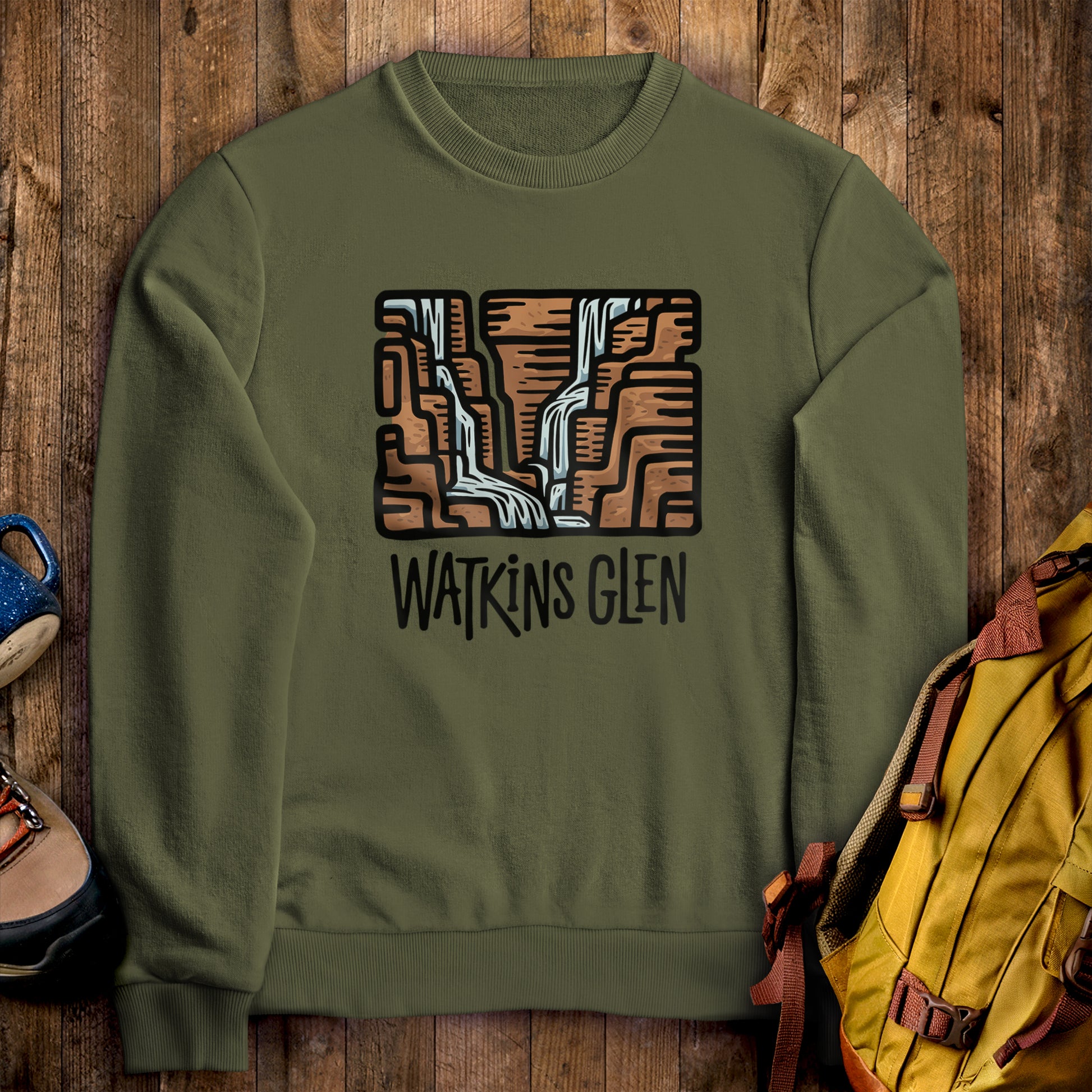 Watkins Glen State Park Crewneck Sweatshirt Military Green Adventure and Outdoors Themed Sweatshirt
