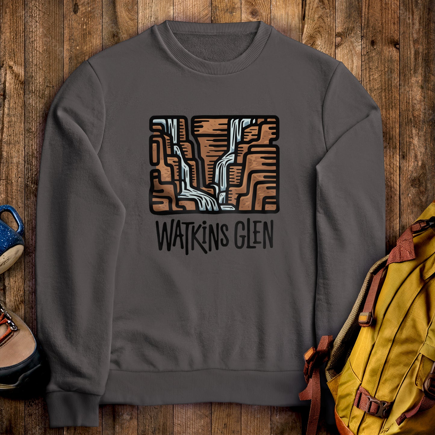 Watkins Glen State Park Crewneck Sweatshirt Charcoal Adventure and Outdoors Themed Sweatshirt