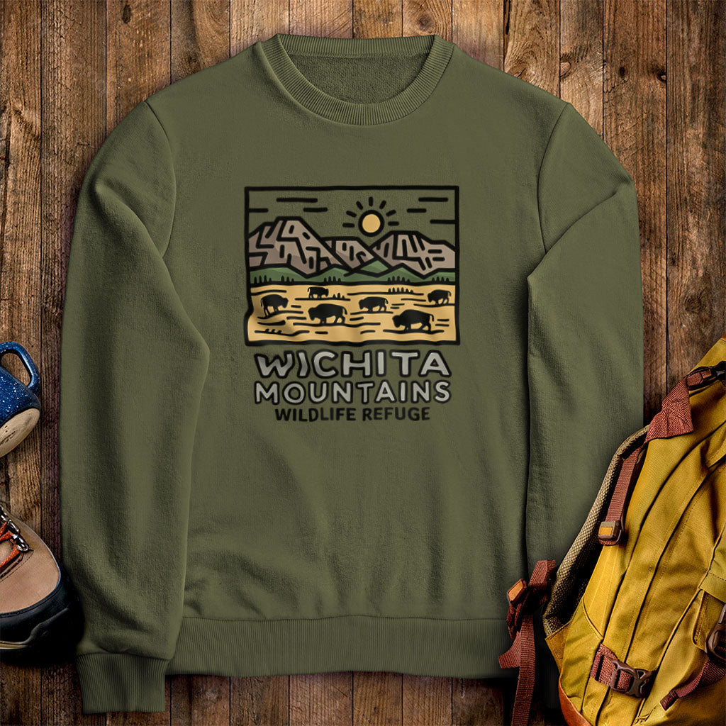 Wichita Mountains Wildlife Refuge Crewneck Sweatshirt Military Green Adventure and Outdoors Themed Sweatshirt