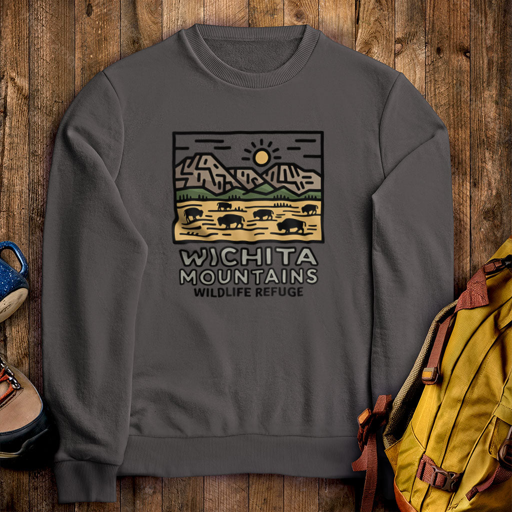 Wichita Mountains Wildlife Refuge Crewneck Sweatshirt Charcoal Adventure and Outdoors Themed Sweatshirt
