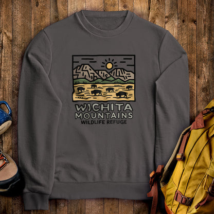 Wichita Mountains Wildlife Refuge Crewneck Sweatshirt Charcoal Adventure and Outdoors Themed Sweatshirt