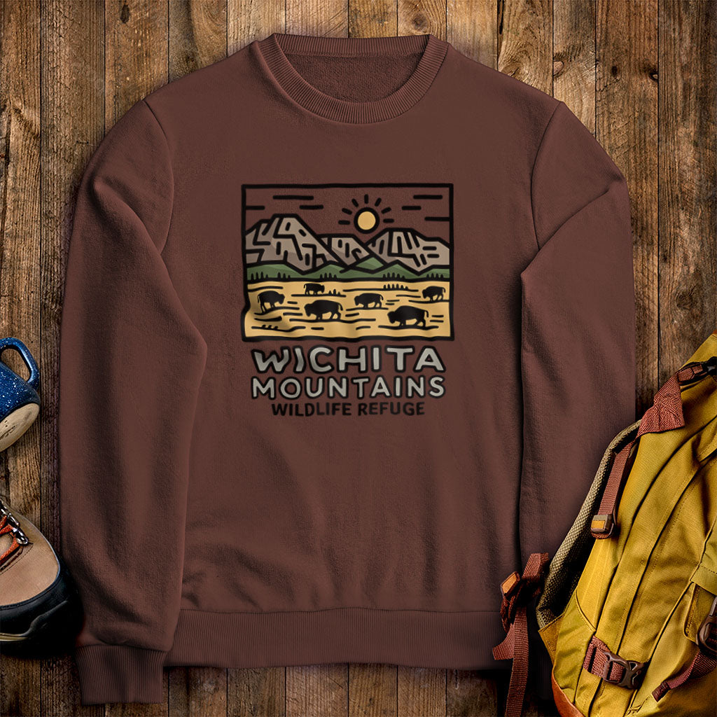 Wichita Mountains Wildlife Refuge Crewneck Sweatshirt Cocoa Adventure and Outdoors Themed Sweatshirt