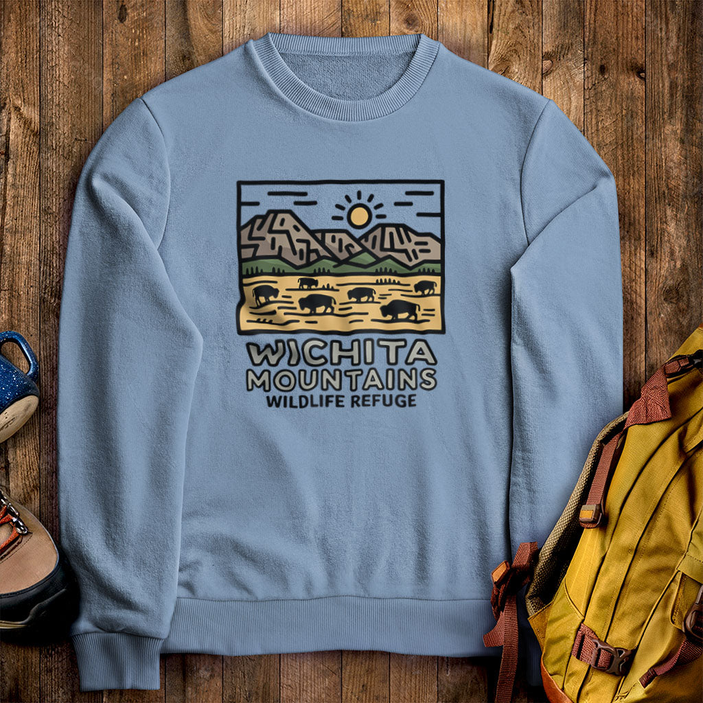 Wichita Mountains Wildlife Refuge Crewneck Sweatshirt Stone Blue Adventure and Outdoors Themed Sweatshirt