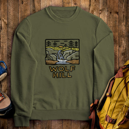 Wolf Hill Forest Preserve Crewneck Sweatshirt Military Green Adventure and Outdoors Themed Sweatshirt