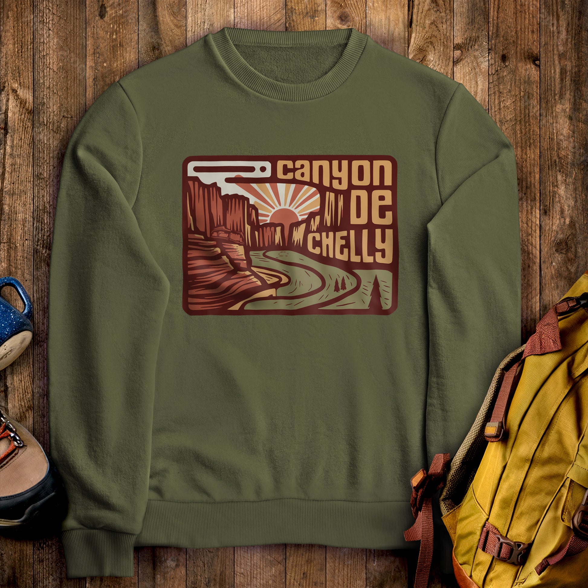 Canyon de Chelly National Monument Crewneck Sweatshirt Military Green Adventure and Outdoors Themed Sweatshirt