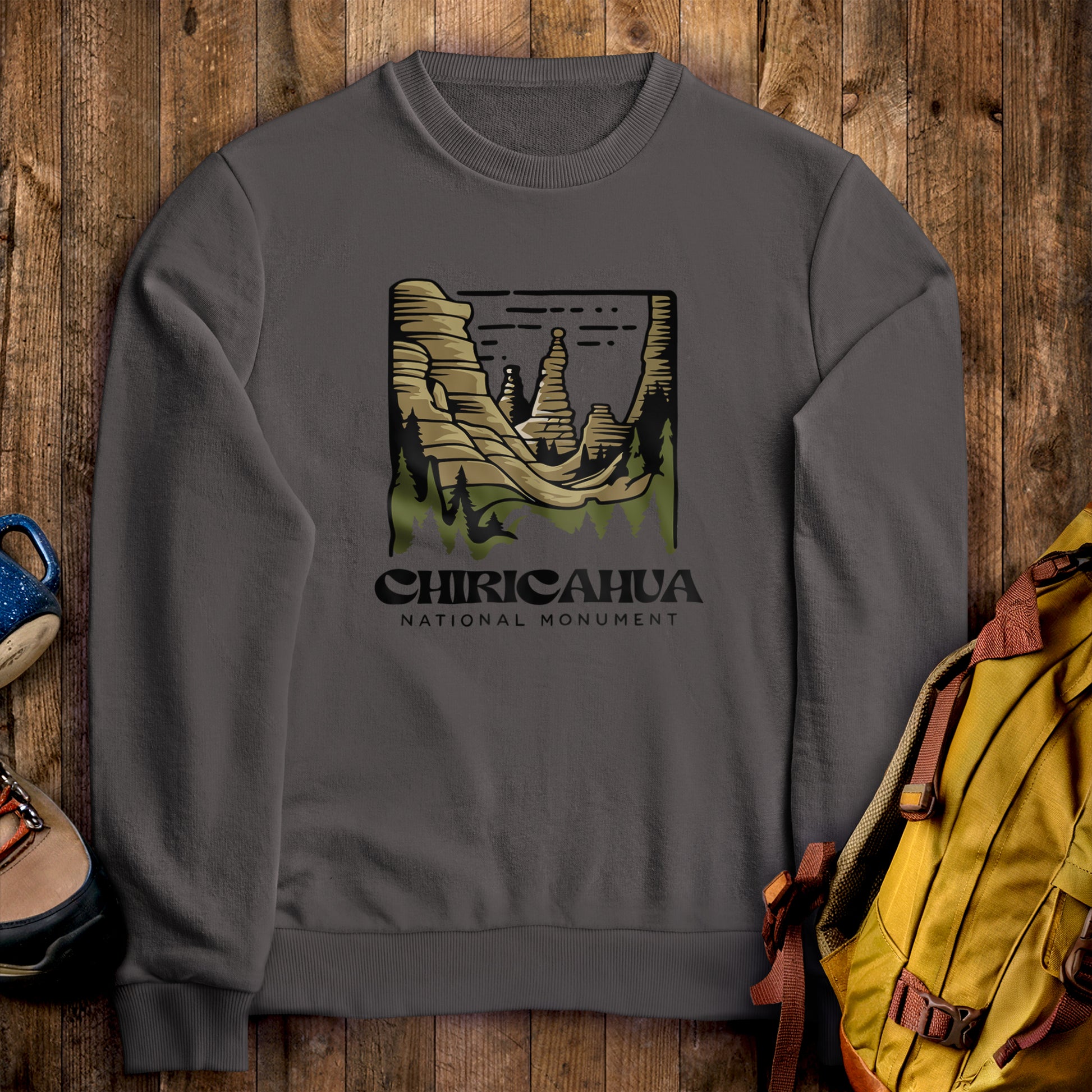 Chiricahua National Monument Crewneck Sweatshirt Charcoal Adventure and Outdoors Themed Sweatshirt