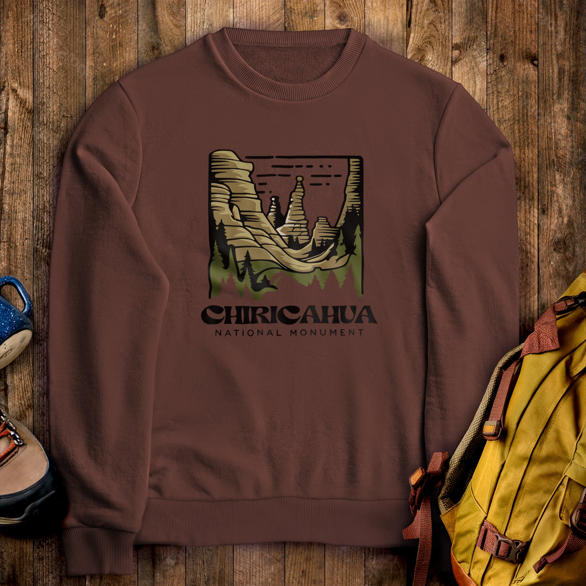 Chiricahua National Monument Crewneck Sweatshirt Cocoa Adventure and Outdoors Themed Sweatshirt