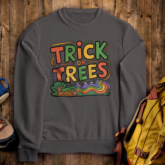 Trick or Trees Crewneck Sweatshirt Charcoal Adventure and Outdoors Themed Sweatshirt